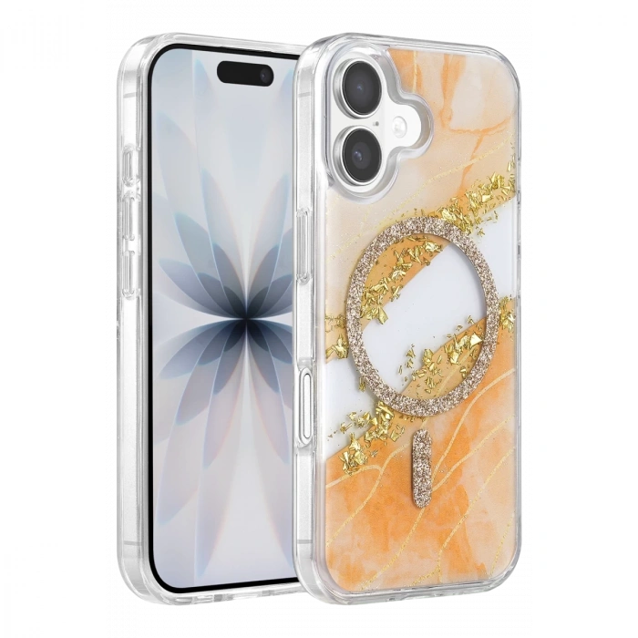 Onegif  İphone 16 Lotus Simli Magsafe Kapak - Turuncu