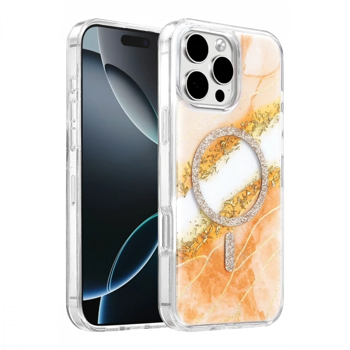 Onegif  İphone 16 Pro Max Lotus Simli Magsafe Kapak - Turuncu