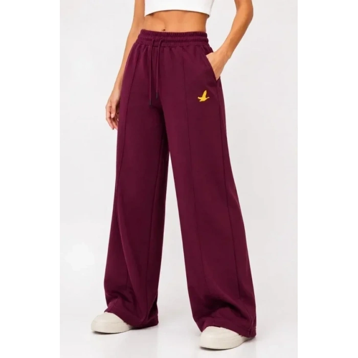 Osy Modal Yumuşak Dokulu Cima Dikişli Nakışlı Cepli Oversize Bol Paça Eşofman Altı - Bordo