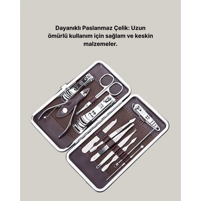 Özel Deri Çantalı 12 Parça Manikür Pedikür Bakım Seti Paslanmaz Çelik