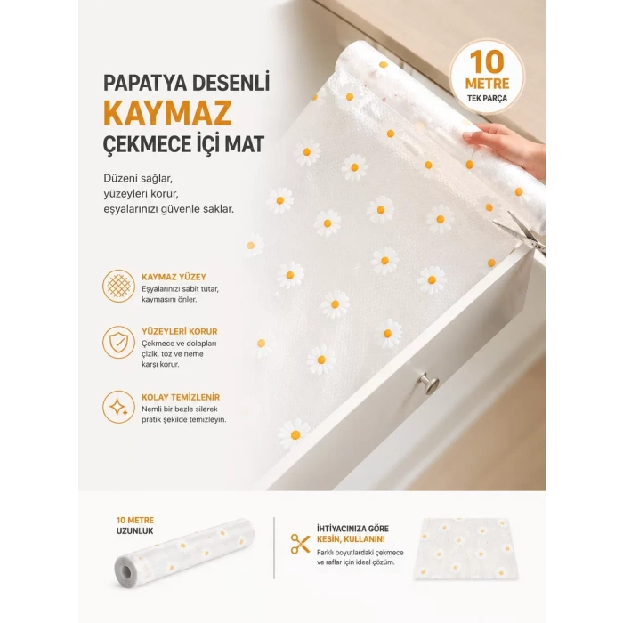 Papatya Desenli Kaymaz Dolap Ve Çekmece İçi Mat 10 Metre
