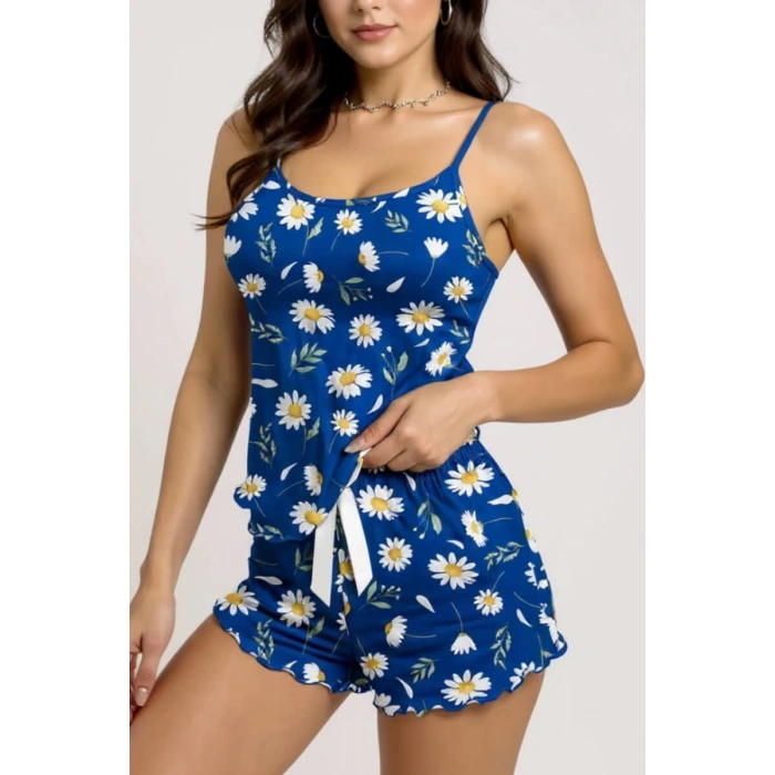 Papatya Desenli Mavi Askılı Şortlu Pijama Takımı