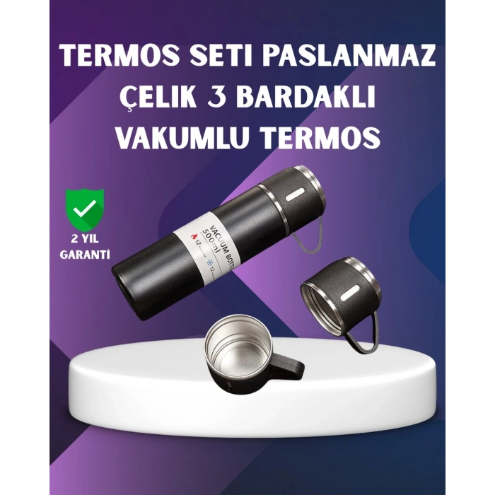 Paslanmaz Termos ve İkili Bardak Seti | 6-12 Saat Sıcak/Soğuk Tutma