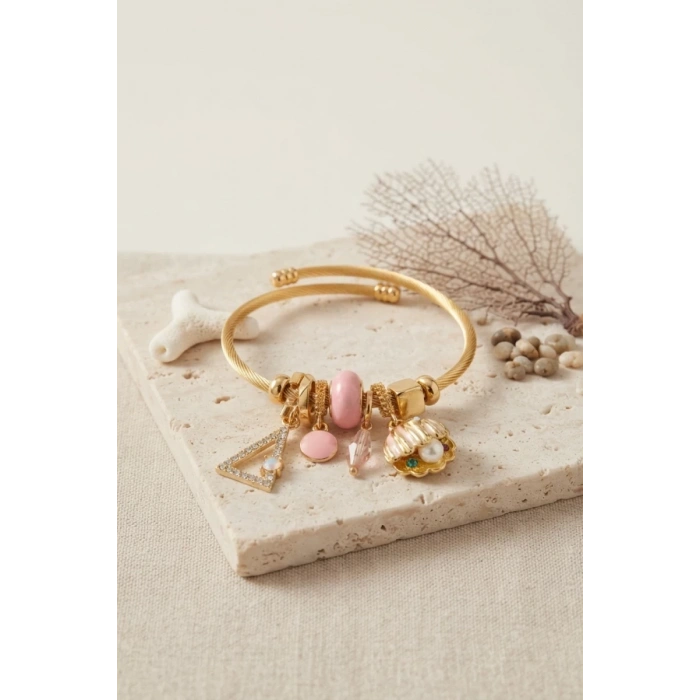 Pembe Deniz Kabuğu Model Gold Renk Charmlı Bileklik TJ-BB8676
