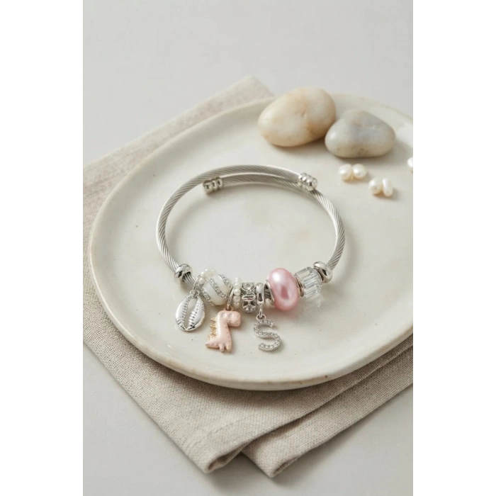 Pembe Dinazor Model Charmlı Gümüş Renk Bileklik TJ-BB8790