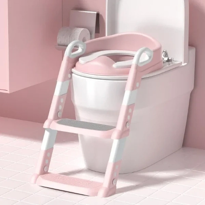 Pembe Merdivenli Çocuk Klozet Tuvalet Eğitimi Aparatı