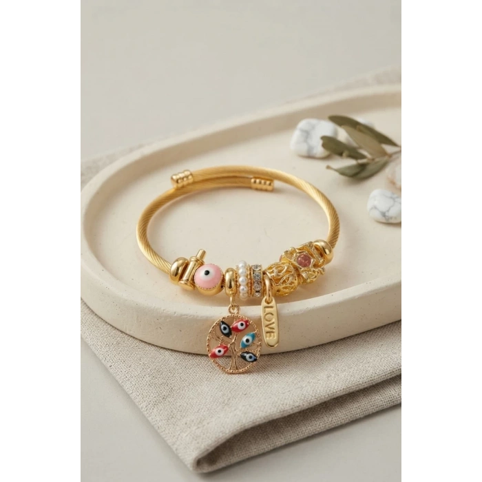 Pembe Nazar Detaylı Ağaç Charmlı Bileklik TJ-BB8703