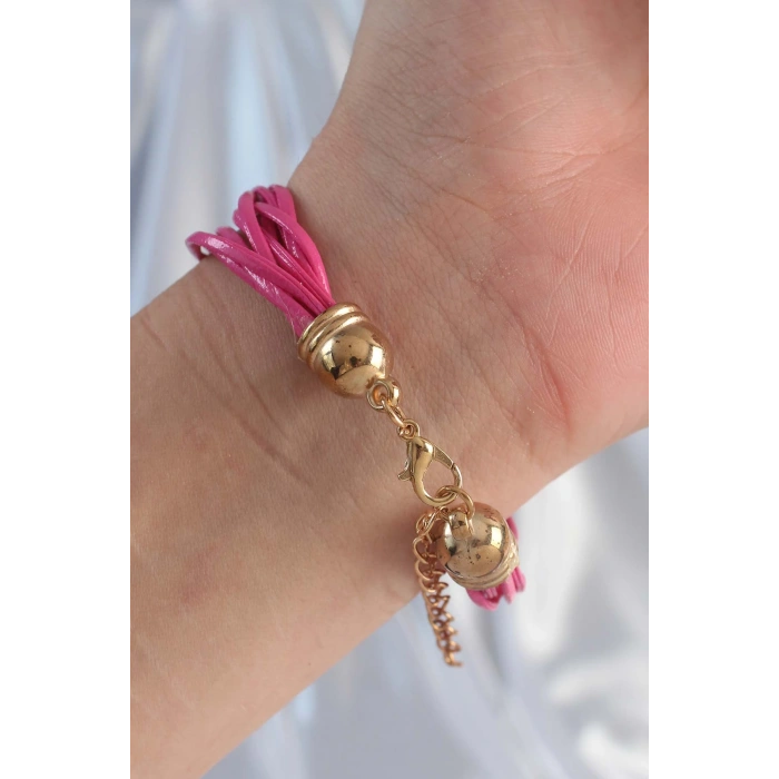 Pembe Renk Zirkon Taşlı İpli Çoklu Bileklik 5886