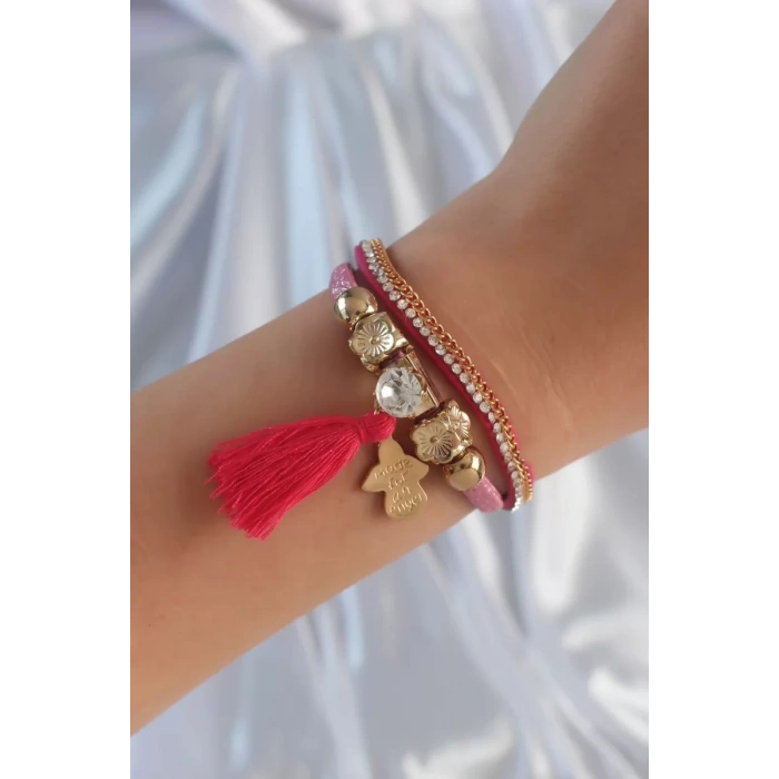 Pembe Renk Zirkon Taşlı Püskül Detay Deri Çoklu Bileklik - TJ-BB6343