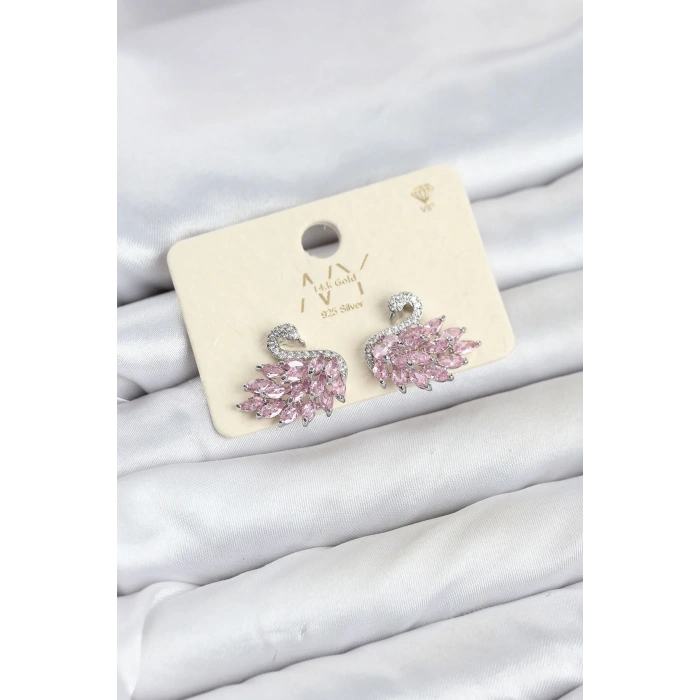 Pembe Zirkon Taşlı Gümüş Swan Kuğu Model Kadın Küpe