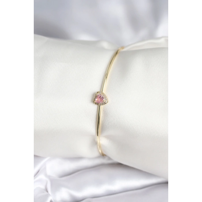 Pembe Zirkon Taşlı Kalp Model Gold Renk Kadın Bileklik 5886