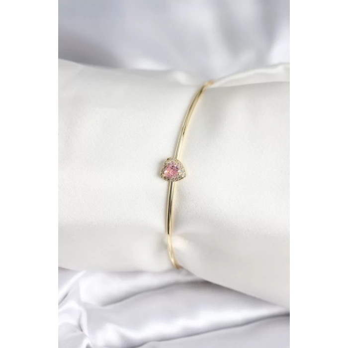 Pembe Zirkon Taşlı Kalp Model Gold Renk Kadın Bileklik - TJ-BB8001