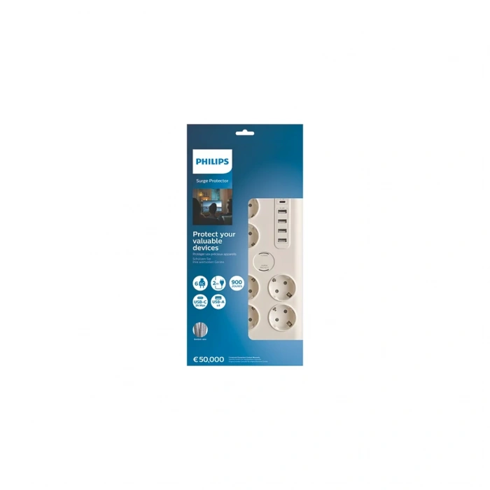 PHILIPS SPN7060WA/62 6 Soket Akım Korumalı Priz 900 Joules 2Mt Kablo 1xUsb-C 15W Şarj 4xUsb-A 20W (Beyaz)(1923)