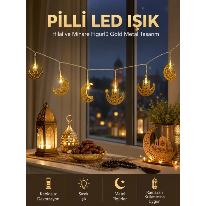 Pilli Minareli Hilal LED Işık Gold Metal Ramazan Dekorasyonu