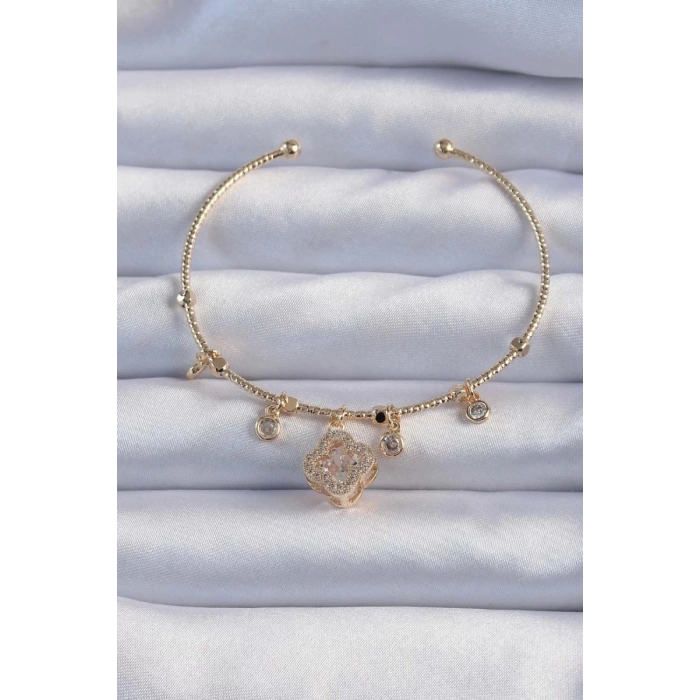 Pirinç Altın Renk Zirkon Taşlı Yonca Model Charm Bileklik - TJ-BB6327