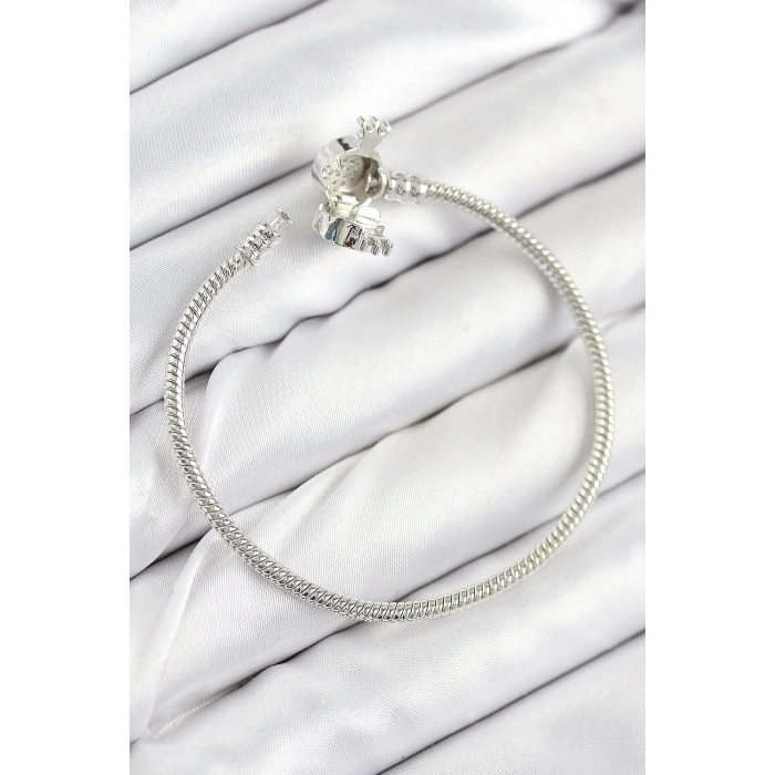 Pirinç Charm Zirkon Taşlı Taç Model Gümüş Renk Kadın Bileklik 5886