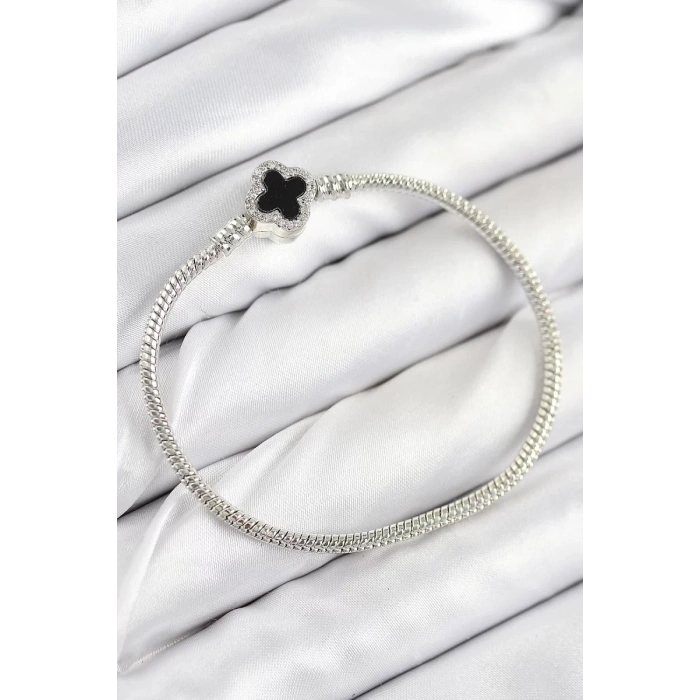 Pirinç Charm Zirkon Taşlı Yonca Model Gümüş Renk Kadın Bileklik - TJ-BB7800