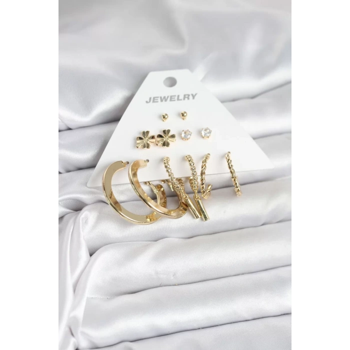 Pirinç Gold Renk 6 Çift Kadın Küpe Seti - TJ-BKP11325