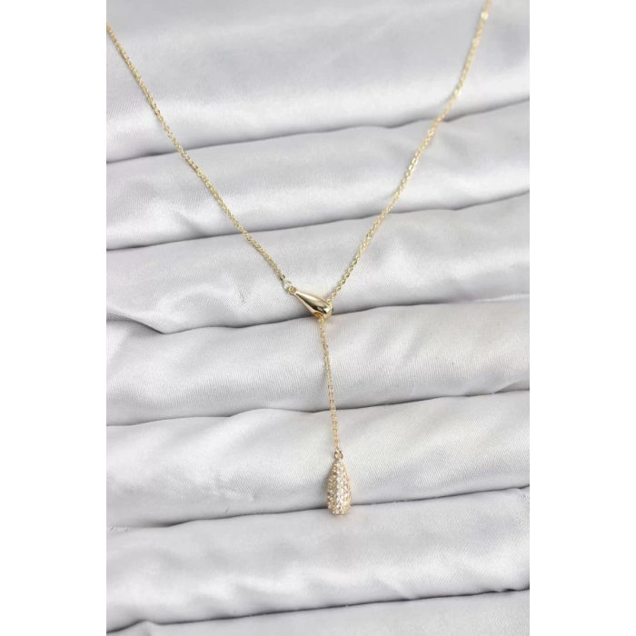 Pirinç Gold Renk Asansörlü Damla Model Kadın Kolye - TJ-BKO10799