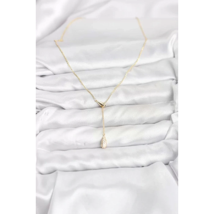 Pirinç Gold Renk Asansörlü Damla Model Kadın Kolye - TJ-BKO10799