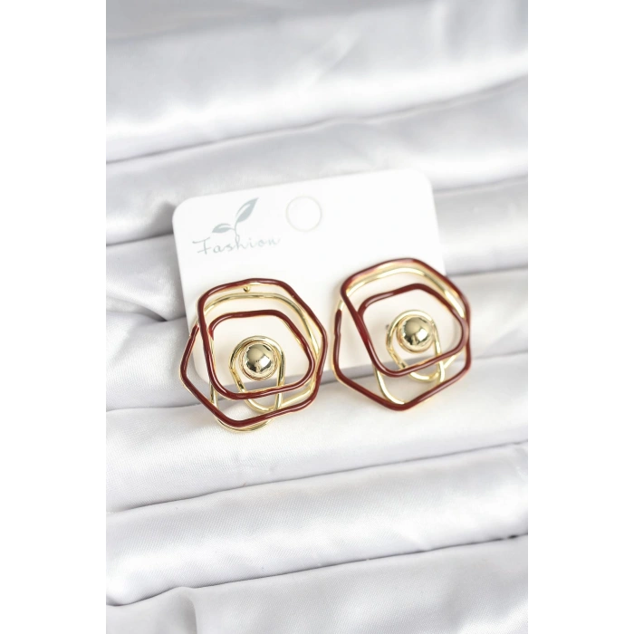 Pirinç Gold Renk Bordo Mineli Geometrik Gül Model Kadın Küpe 5886