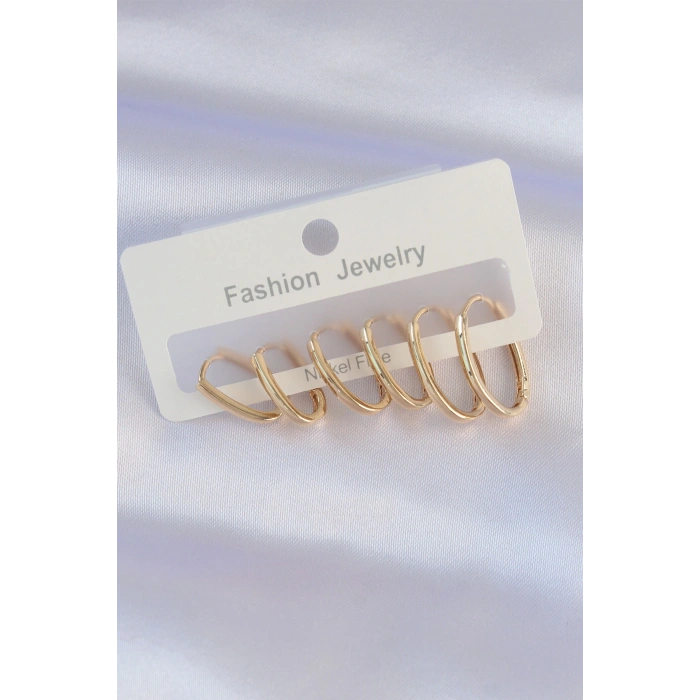 Pirinç Gold Renk İnce Oval Küpe Seti 5886