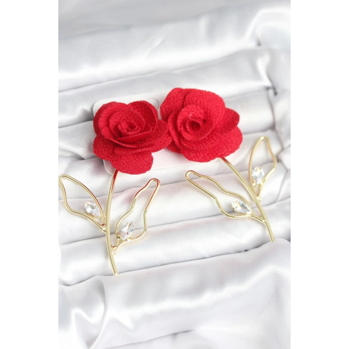 Pirinç Gold Renk Kırmızı Gül Model Kadın Küpe 5886