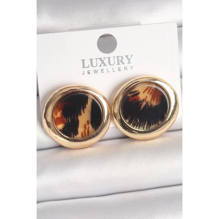 Pirinç Gold Renk Leopar Desen Daire Model Kadın Küpe - TJ-BKP10371
