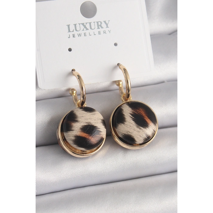 Pirinç Gold Renk Leopar Desenli Daire Model Kadın Küpe 5886