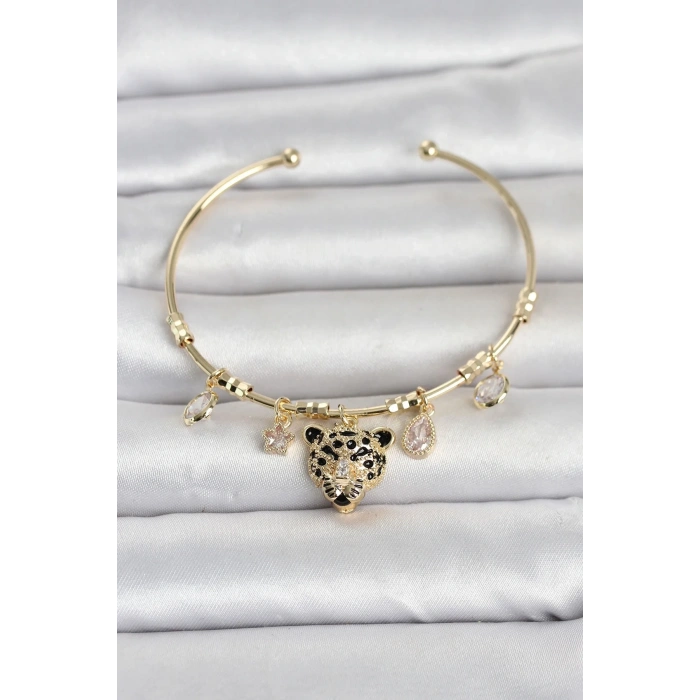 Pirinç Gold Renk Leopar Detaylı Charmlı Kadın Bileklik