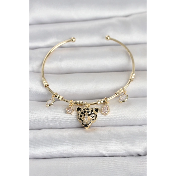 Pirinç Gold Renk Leopar Detaylı Charmlı Kadın Bileklik 5886