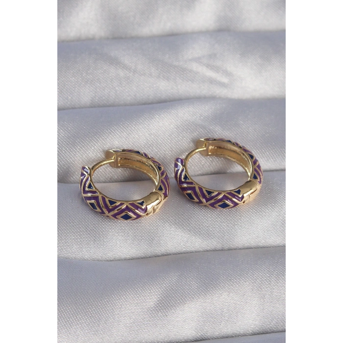 Pirinç Gold Renk Mor Etnik Desenli Halka Küpe 5886