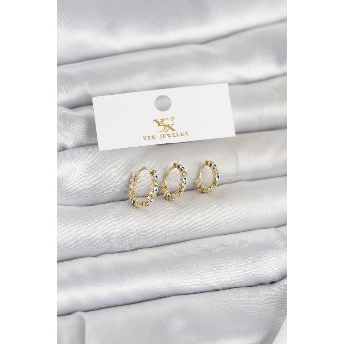 Pirinç Gold Renk Nazarlı Model 3lü Kadın Küpe 5886