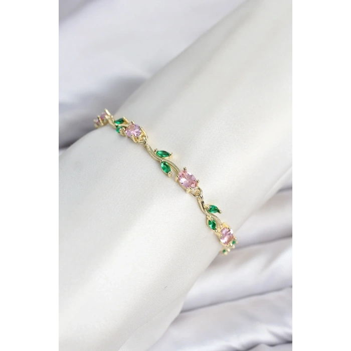 Pirinç Gold Renk Pembe Zirkon Taşlı Çiçek Model Kadın Bileklik