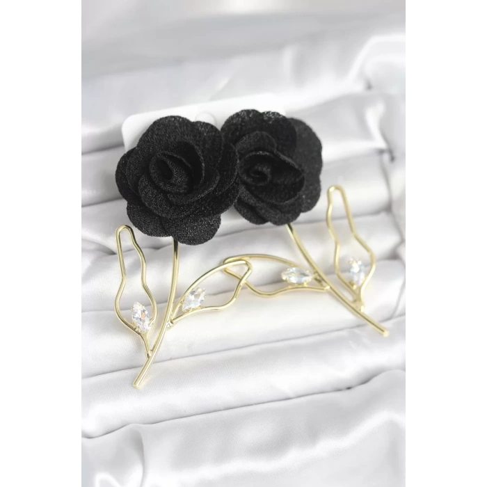 Pirinç Gold Renk Siyah Gül Model Kadın Küpe - TJ-BKP11369