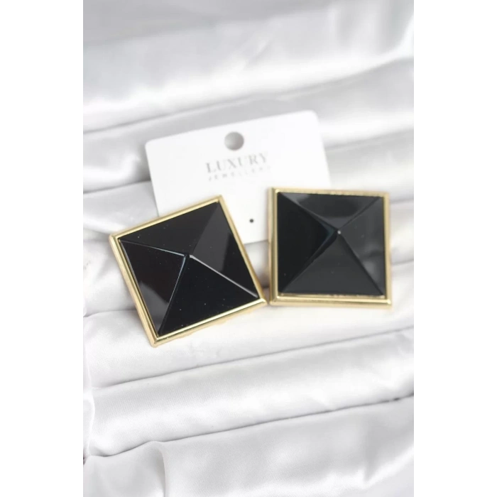 Pirinç Gold Renk Siyah Piramit Model Kadın Küpe - TJ-BKP11385