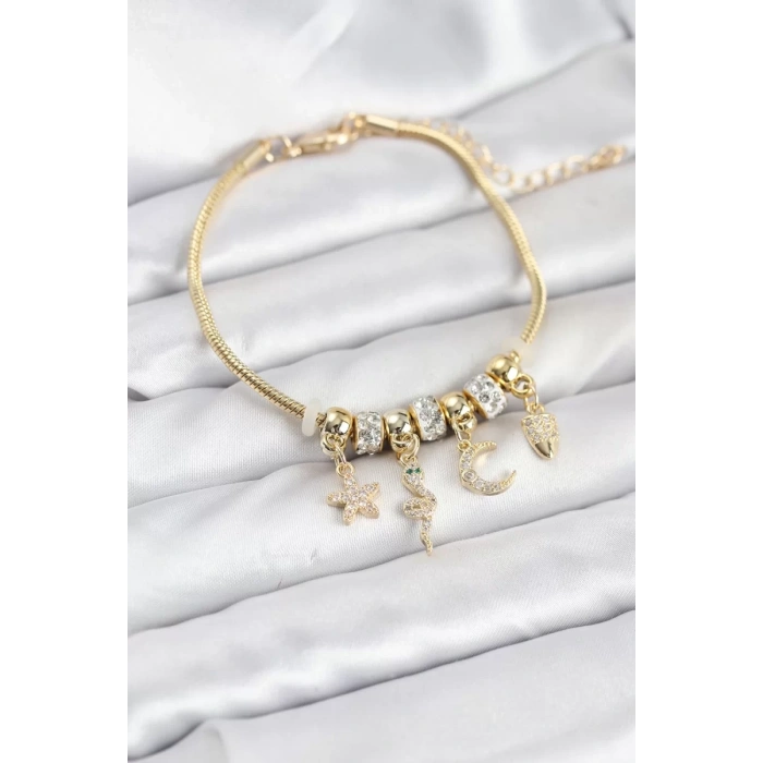 Pirinç Gold Renk Yılan Charmlı Kadın Bileklik - TJ-BB8183