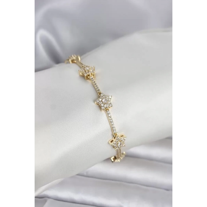 Pirinç Gold Renk Yıldız Model Zirkon Taşlı Kadın Bileklik - TJ-BB8410