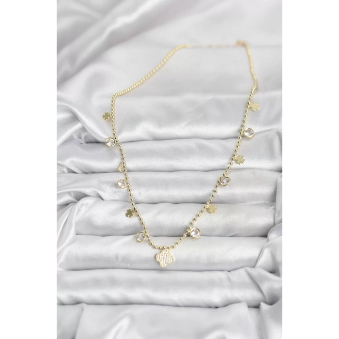 Pirinç Gold Renk Yonca Model Kadın Kolye - TJ-BKO10641