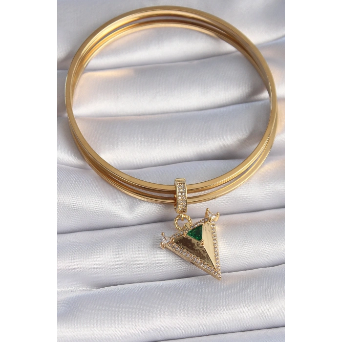 Pirinç Gold Renk Zirkon Taşlı 3D Üçgen Model Ajda Charm 5886
