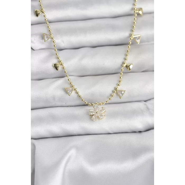 Pirinç Gold Renk Zirkon Taşlı Çiçek Model Kadın Kolye - TJ-BKO10642