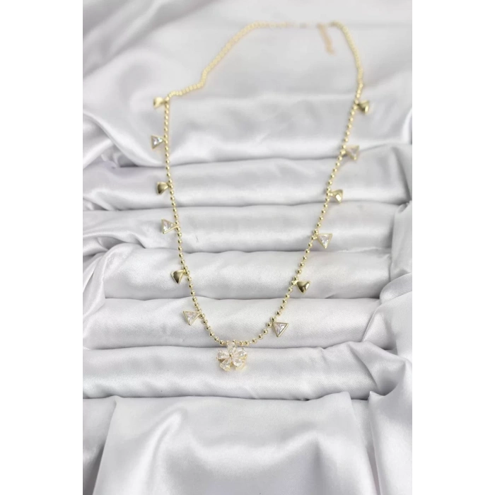 Pirinç Gold Renk Zirkon Taşlı Çiçek Model Kadın Kolye - TJ-BKO10642
