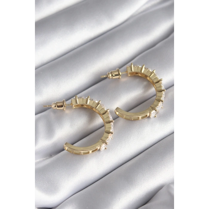 Pirinç Gold Renk Zirkon Taşlı Halka Model Kadın Küpe 5886