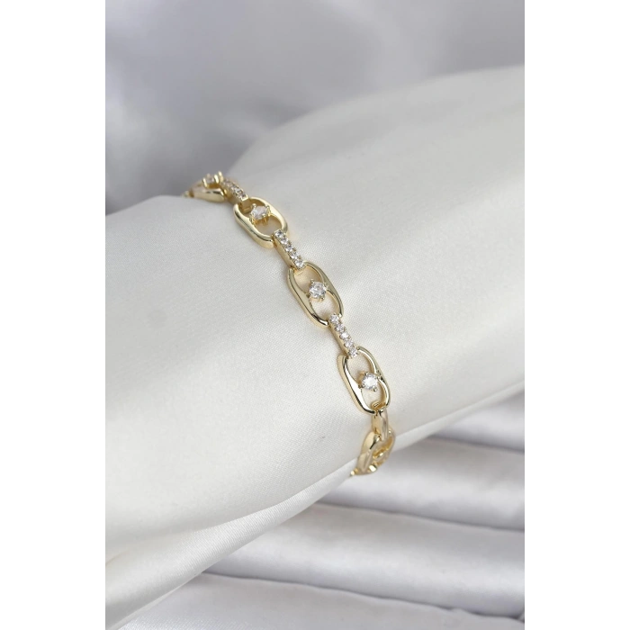 Pirinç Gold Renk Zirkon Taşlı Kadın Bileklik 5886