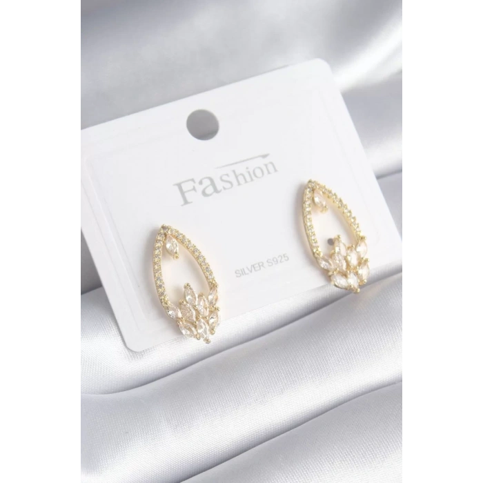 Pirinç Gold Renk Zirkon Taşlı Kadın Küpe - TJ-BKP8444