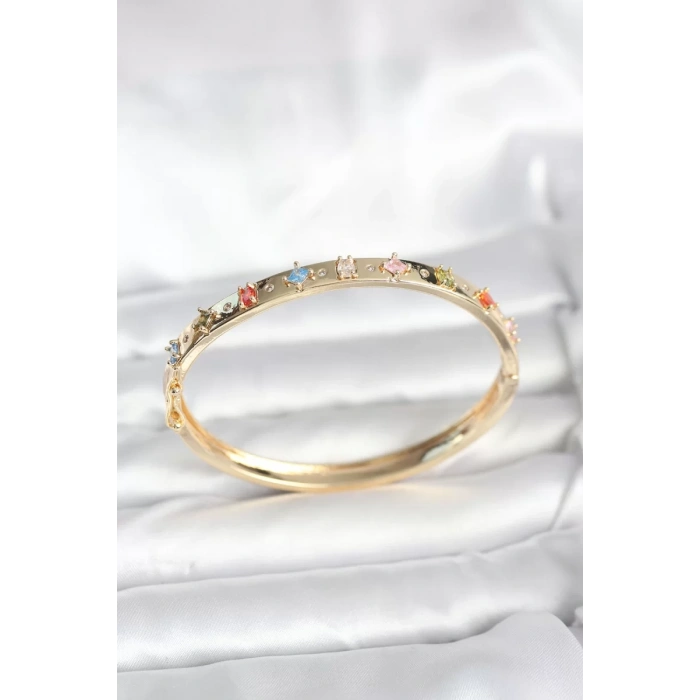 Pirinç Gold Renk Zirkon Taşlı Kelepçe Bileklik - TJ-BB8087