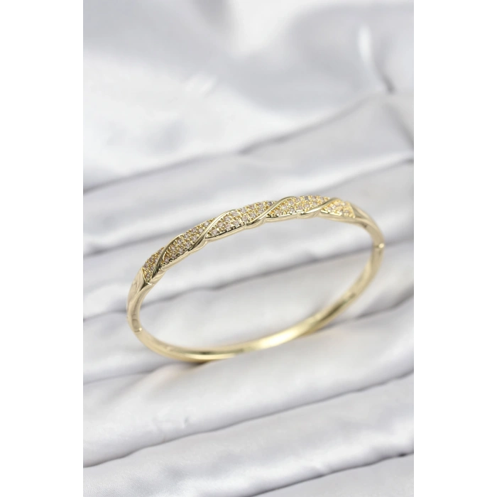 Pirinç Gold Renk Zirkon Taşlı Model Kadın Kelepçe Bileklik 5886