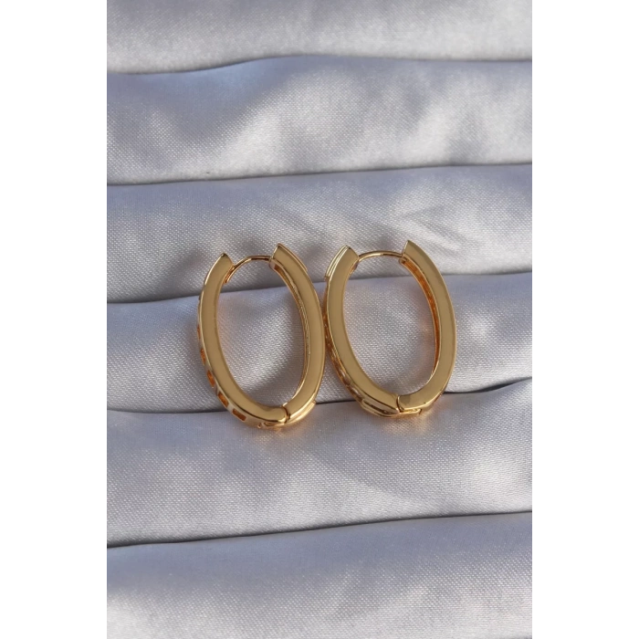 Pirinç Gold Renk Zirkon Taşlı Oval Model Küpe - TJ-BKP9079