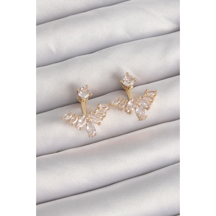 Pirinç Gold Renk Zirkon Taşlı V Model Küpe 5886