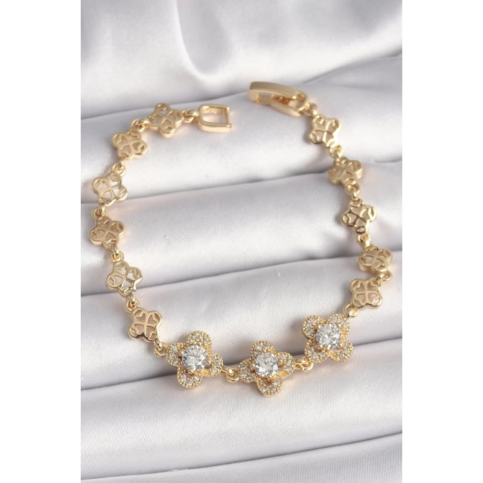 Pirinç Gold Renk Zirkon Taşlı Yonca Model Kadın Bileklik - TJ-BB6812
